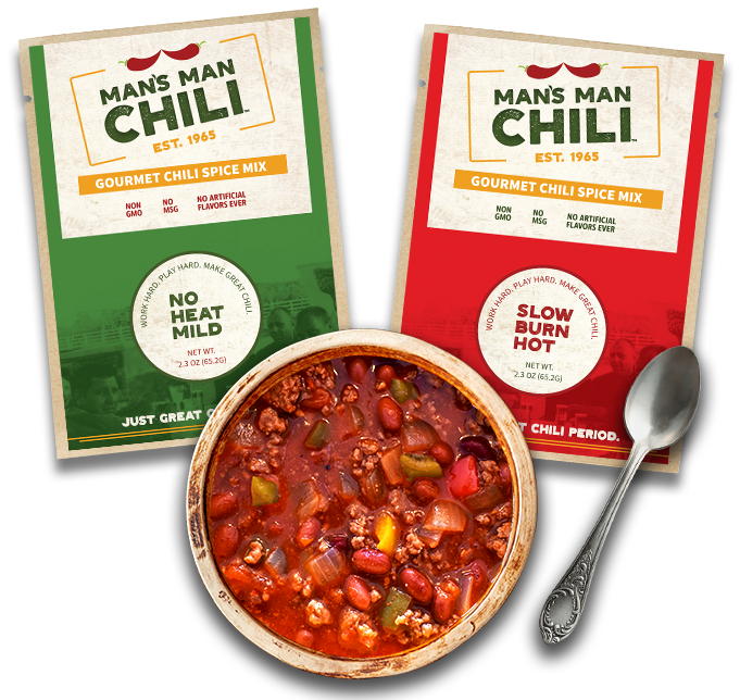 Man's Man Chili™ Gourmet Chili Spice Mix. Comes in 2 delicious flavors, No Heat Mild and Slow Burn Hot. Pictured with a bowl of chili and spoon.